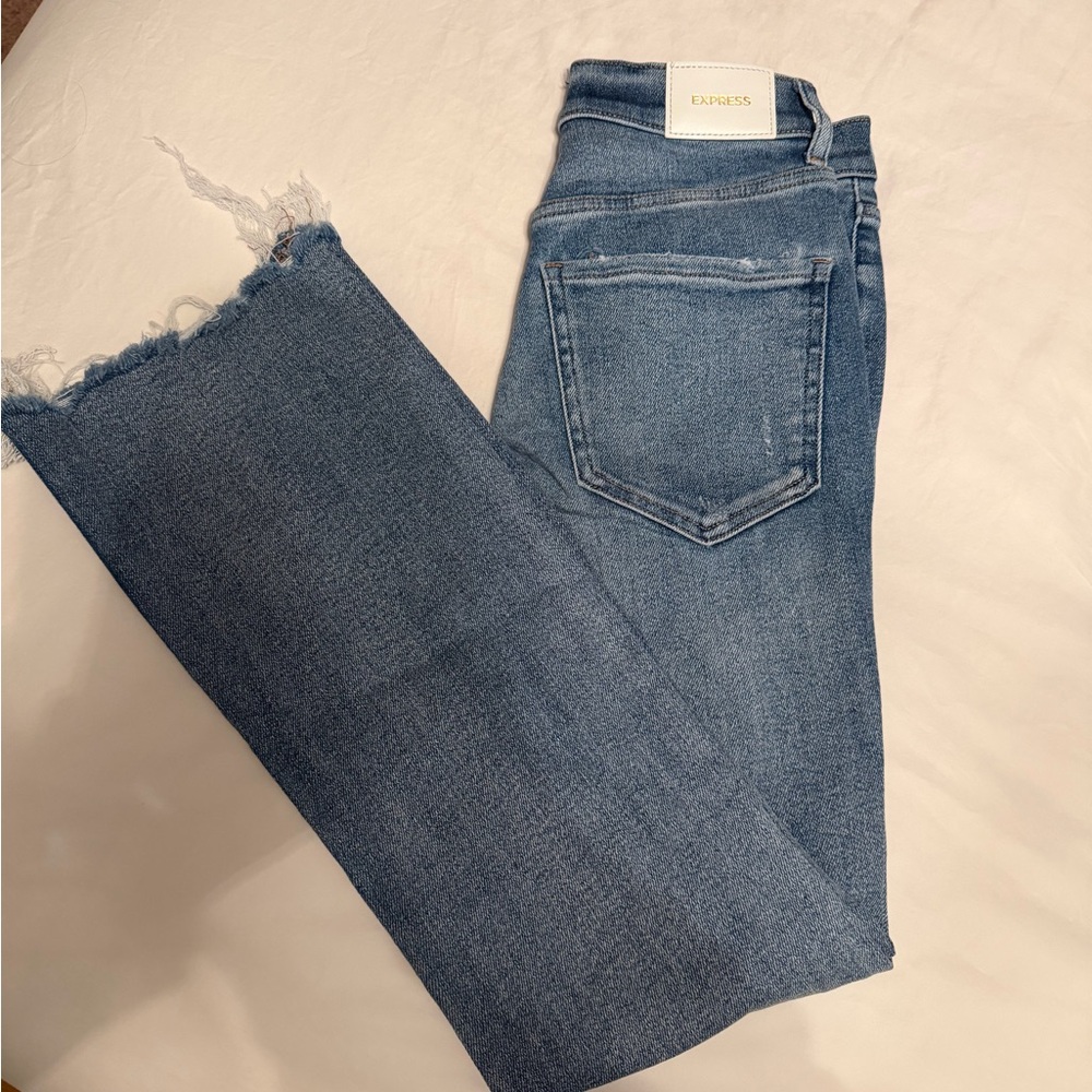 Express Women's Light Blue Cropped Flare High Rise Ankle Jeans